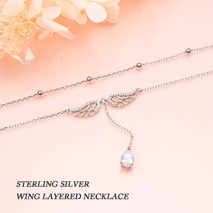 FLYOW Layered Necklace S925 Sterling Silver Y Shaped Jewelry - style: Angel Wings Style