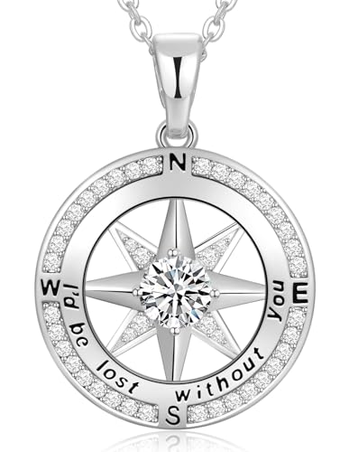 Peeshow Compass Birthstone Necklace for Women Wife, S925 Sterling Silver Gift for Wife Wedding Anniversary Birthday Gifts for Women Jewelry for Her Girlfriend I'd be Lost without You - style: 04-April-Diamond