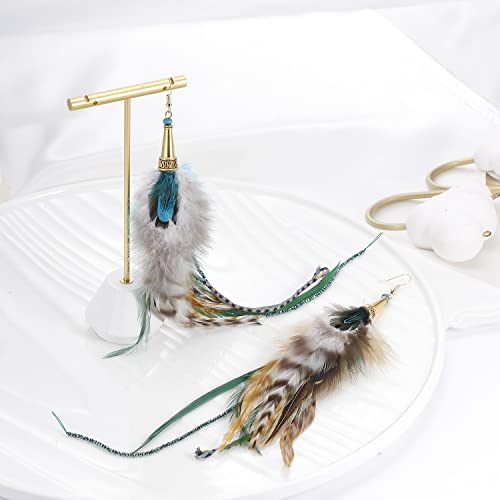 Bohemian Pheasant Peacock Long Feathers Statement Earrings Handmade Natural Lightweight Feather Dangle Earrings for Women (ea000071) - color: Brown&Blue