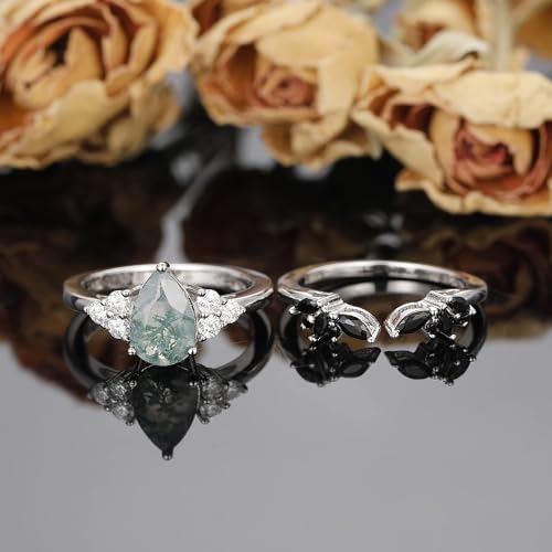 Moss Agate Bridal Wedding Rings Set for Women 925 Sterling Silver | Plated Platinum/Black Gold, Gothic, Vintage, Engagement Promise Ring, Anniversary Valentine Day Birthday Gift for Her - style: Platinum Plating Retro Open Ring