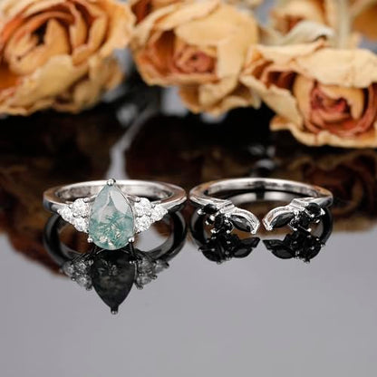 Moss Agate Bridal Wedding Rings Set for Women 925 Sterling Silver | Plated Platinum/Black Gold, Gothic, Vintage, Engagement Promise Ring, Anniversary Valentine Day Birthday Gift for Her - style: Platinum Plating Retro Open Ring