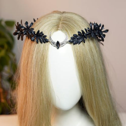 MOSTORY Black Moon Flower Crown - Handmade Gothic Elf Headpiece Woodland Dark Floral Headband Fairy Circlet for Renaissance Halloween Goth Wedding Party Cosplay Photo Shoot - color: Black