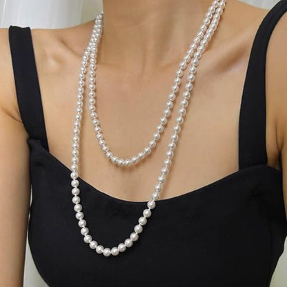 Long Pearl Necklaces for Women Faux Pearl Strand Necklace Statement Beaded Necklaces 1920s Gatsby Costume Jewelry - color: Ivory