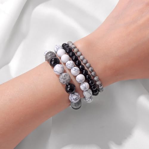 Vinswet 4pcs Beaded Bracelets for Women,Natural Healing Crystal Gemstones Bracelet,Anxiety Stress Relief Bracelet Handmade purple Jewelry Gifts for Women - color: Map stone&Black agate&White turquoise