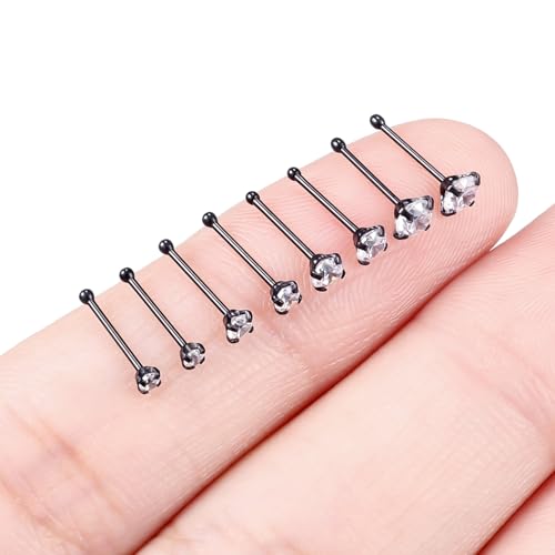 Hoeudjo Hypoallergenic Nose Rings Studs 24G Surgical Stainless Steel Cubic Zirconia Nose Studs for Women Men Screw & Bone & L Shaped Nostril Piercing Jewelry with 1.5mm 2mm 2.5mm 3mm CZ - color: black,nose bone studs