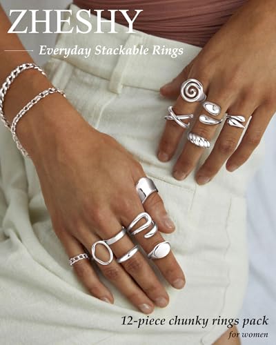 ZHESHY Chunky Gold Rings for Women Non Tarnish 14K Gold/Silver Plated Stackable Stacking Rings Set Thumb Signet Statement Ring Band Jewelry Gift - color: Silver