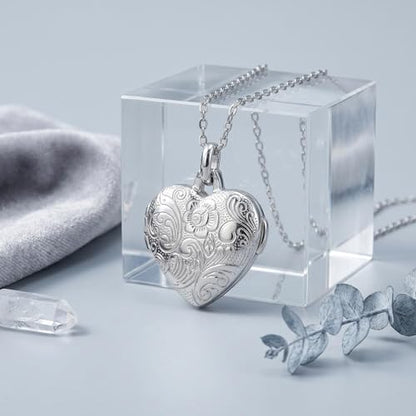 YOUFENG Love Heart Locket 14K Gold-Filled Oval Circle Rectangle Lockets that Hold Pictures Floral Patterns Necklace for Women - style: Silver Heart