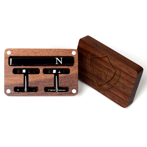 Mens Initial Cufflinks and Tie Clip A-Z Alphabet Letter Black Stainless Cuff Links Tie Bar with Engraved Walnut Wood Box Groom Groomsman Wedding Set - style: Classic-N