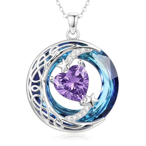 Birthstone Necklace for Women Crystal Moon and Star Pendant White Gold Celtic Moon Jewelry Birthday Graduation Gifts for Wife Her - style: Moon-2