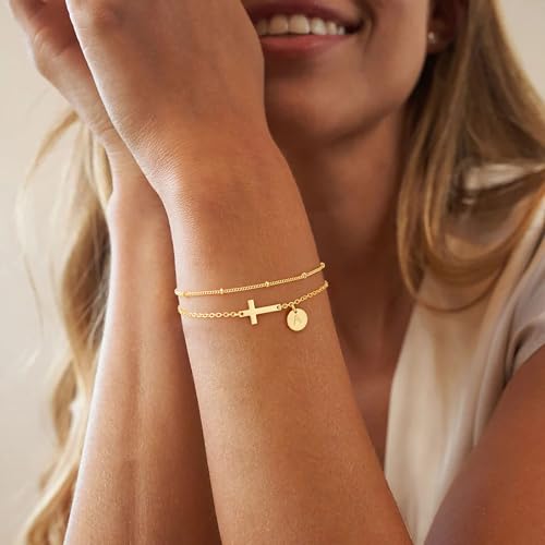 M MOOHAM Initial Cross Bracelet for Women Teen Girl, Baptism Christian Gift | 14K-Gold-Plated Layered Disc Letter Cross Bracelet Jewelry, Baptism Christian Gifts for Women, Confirmation Gifts for Girls - color: O