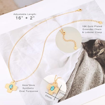 Aobei Pearl 18K Gold Plated Paperclip Chain Choker Satellite Chain Freshwater Cultured Biwa Pearl Pendant Necklace Dainty Turquoise Jewelry for Women - color: Green-blue Oval Turquoise Cross