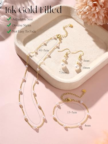 YADOCA Gold Pearl Jewelry Set for Women Bride Bridal Bridesmaid jewelry | 16K Gold Plated Pearl Layered Choker Necklace Earring Bracelets Set Dainty Wedding jewelry Set Gifts - style: Style-C