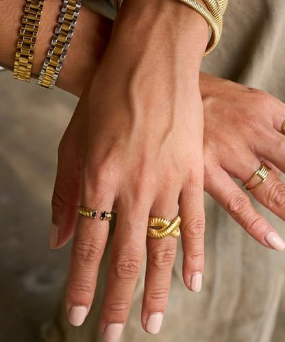 Minimalist Textured Twist Chunky Statement Ring,Gold Plated Stainless Steel Open Ribbed Band Stackable Chic Style Ring for Women - style: Style F