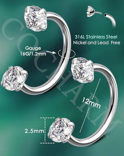 2PCS 16G Horseshoe Septum Rings Surgical Steel Helix Tragus Hoop Earring, Threadless Helix Cartilage Conch Piercing Jewelry For Women Men, 8mm 10mm 12mm Push Pin Lip Labret Rings - size: 12mm-2pcs