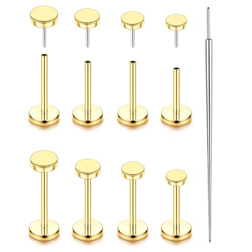 YADOCA Threadless Flat Back Earrings Gold Nose Studs Surgical Steel | Push-in flat back design for cartilage tragus helix conch and medusa piercings, gold plated stainless steel studs - color: Gold Round, size: 18G(1.0MM)