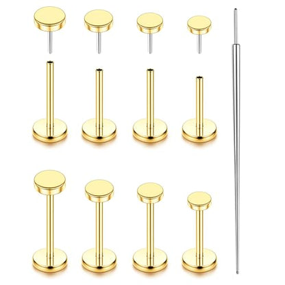 YADOCA Threadless Flat Back Earrings Gold Nose Studs Surgical Steel | Push-in flat back design for cartilage tragus helix conch and medusa piercings, gold plated stainless steel studs - color: Gold Round, size: 18G(1.0MM)
