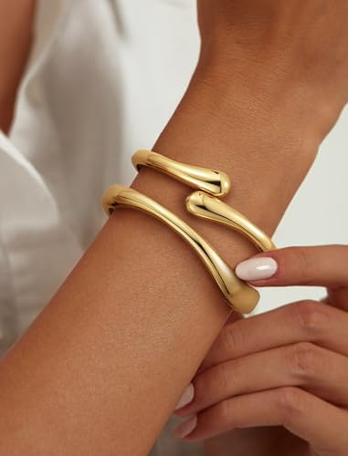 8YEARS Chunky Gold Bangle Bracelets for Women, 14k Gold Plated | Cuff Bangles, Stack Bracelet Set, Wide Trendy Fashion, Jewelry Gifts - color: A-Gold-2PCS