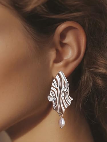 Large Geometric Drop Dangle Earrings for Women Pearl Teardrop Disc Rectangle Oval Fishtail Shell Shaped Textured Dangle Studs Earrings for Women - color: Silver-Pearl