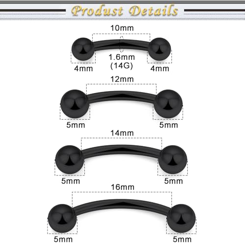 Snake Eyes Piercing Jewelry Tongue Surgical Steel Frog Eyes Tongue Rings 16G 14G Eyebrow Piercing Curbed Barbell Vertical Labret Lip Jewelry Bridge Piercings for Women Men 10mm/12mm/14mm/16mm - color: 14g,black