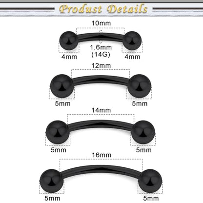 Snake Eyes Piercing Jewelry Tongue Surgical Steel Frog Eyes Tongue Rings 16G 14G Eyebrow Piercing Curbed Barbell Vertical Labret Lip Jewelry Bridge Piercings for Women Men 10mm/12mm/14mm/16mm - color: 14g,black