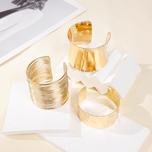 3PCS Chunky Cuff Bracelets for Women Irregular Minimalist Statement Bangle Bracelets Set Open Wide Wire Grooved Hammered Bangle Bracelet Gold Sliver Wrist Cuff Wrap Bracelet Adjustable - color: Gold Cuff Bracelets A