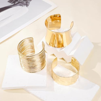 3PCS Chunky Cuff Bracelets for Women Irregular Minimalist Statement Bangle Bracelets Set Open Wide Wire Grooved Hammered Bangle Bracelet Gold Sliver Wrist Cuff Wrap Bracelet Adjustable - color: Gold Cuff Bracelets A