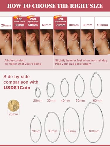 FOCALOOK 14K Gold Plated Lightweight Large Hoops| 2mm Thin Hoop Earrings for Women 30/40/50/70/100mm - color: 01.Silver, size: 100mm