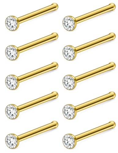 Hoeudjo Nose Studs Surgical Steel Cubic Zirconia Nose Rings Kit for Women Men Tiny Nose Stud Bone & Screw & L Shaped Nostril Piercing Jewelry 18/20/22/24 Gauge 10 Pieces - color: gold-tone,nose bone studs, size: 18g/2mm clear CZ
