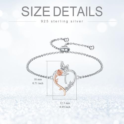 TOUPOP Gifts for Women Rose Heart Initial Bracelet 925 Sterling Silver Butterfly Letter Link Bracelet Love Jewelry Anniversary Birthday Gifts for Wife Girlfriend Mom Her - style: Initial T