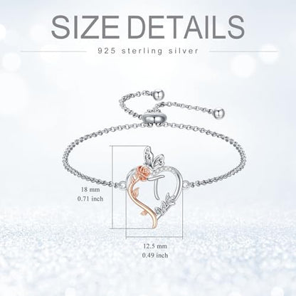 TOUPOP Gifts for Women Rose Heart Initial Bracelet 925 Sterling Silver Butterfly Letter Link Bracelet Love Jewelry Anniversary Birthday Gifts for Wife Girlfriend Mom Her - style: Initial T