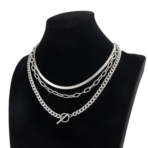 Layered Silver Chain Necklace for Women Chunky Stainless Steel Chains Necklaces Trendy Cuban Link Paperclip Chain Toggle Clasp Choker Necklace Stack Set Jewelry - color: Silver