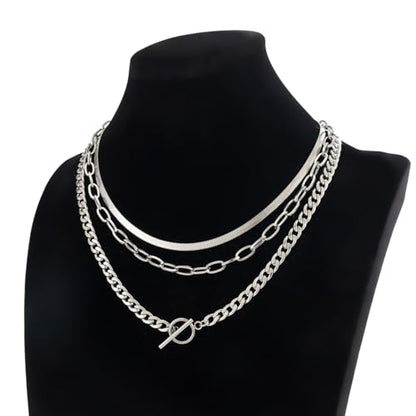 Layered Silver Chain Necklace for Women Chunky Stainless Steel Chains Necklaces Trendy Cuban Link Paperclip Chain Toggle Clasp Choker Necklace Stack Set Jewelry - color: Silver