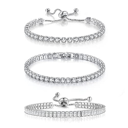 3 Pcs Tennis Bracelets for Women 14K Gold Plated 4mm 5A+ Cubic Zirconia CZ Diamond Classic Adjustable Slider Bracelet Fashion Jewelry Wedding Gift Size 6.5-7.5 Inch - color: White Gold