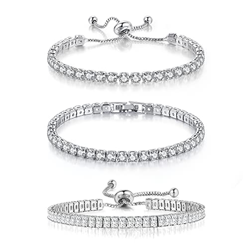 3 Pcs Tennis Bracelets for Women 14K Gold Plated 4mm 5A+ Cubic Zirconia CZ Diamond Classic Adjustable Slider Bracelet Fashion Jewelry Wedding Gift Size 6.5-7.5 Inch - color: White Gold