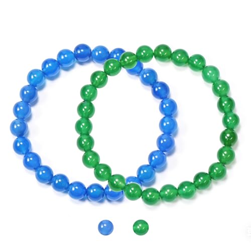 2PCS Agate Bracelet for Women Men Natural Round Beaded Agates Stone Healing Stretch Bracelets Elastic Handmade Polished Gemstone Beads Bracelet - color: Blue+Green, size: 8mm Beads