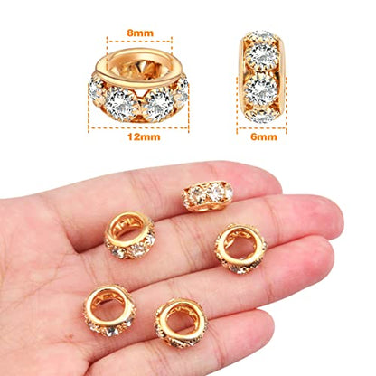 BronaGrand 40pcs 12mm Rhinestone European Spacer Beads Diamond Crystal Charm Beads Rondelle Loose Beads with 8mm Large Hole for DIY Bracelet Crafts Jewelry Making, KC Golden - color: Gold, size: 12MM