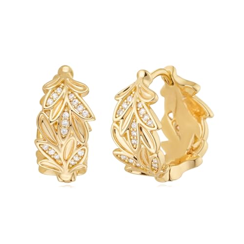 Women Gold Earrings Huggie Hoop Cubic Zirconia 14K Gold Plated Small Simple Hypoallergenic Everyday Jewelry - style: Leaf