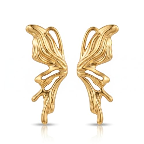 Chunky Gold Plated Flower Statement Drop Earrings for Women | Hypoallergenic 18K Gold Plated Textured Petal Wing, Large Statement Dangle Earrings for Wedding Party - color: Golden Butterfly-1
