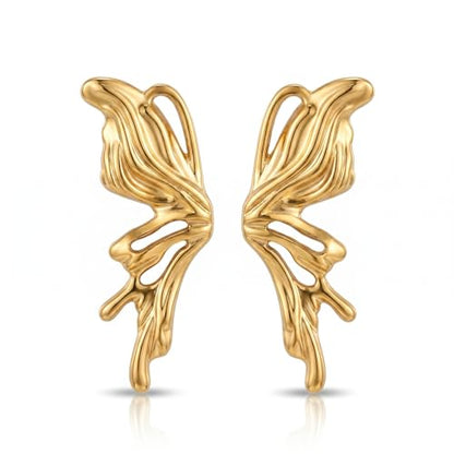 Chunky Gold Plated Flower Statement Drop Earrings for Women | Hypoallergenic 18K Gold Plated Textured Petal Wing, Large Statement Dangle Earrings for Wedding Party - color: Golden Butterfly-1