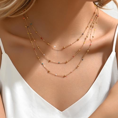 18K Gold Plated Layered Herringbone Necklaces for Women Dainty Layering Beaded Snake Chain Choker Moon Coin Pendant Necklace Trendy Stainless Steel Jewelry - color: Trible Multicolor Bead-Gold