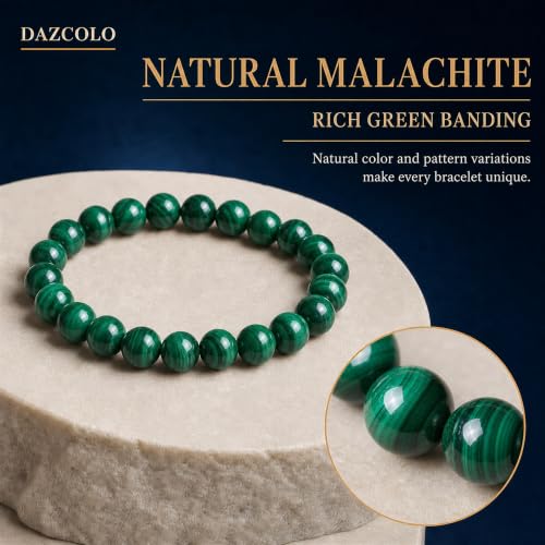 8mm Natural Crystal Stretch Bracelet | Handmade Round Stone Bead Bracelet, Runs Large, Meditation Yoga Gift for Women & Men - color: Malachite