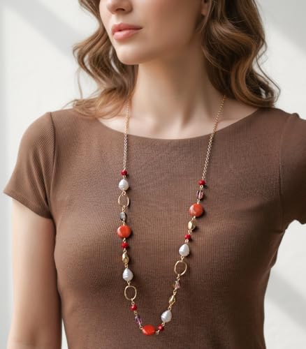 Long Gold Necklaces for Women Trendy Beaded Chain Necklace Chunky Costume Jewelry Gifts for Her - color: Red Agate