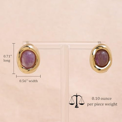Jean Beau Chunky Gold Stone Stud Earrings for Women, Trendy Natural Gemstone Hypoallergenic Earing Valentine Jewelry Gift - color: Amethyst Purple