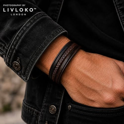 LONDON Mens Bracelet Leather Black Multi-Layer Stone Beads Adjustable Steel Clasp Viking Rope Bands Surfer Man Wristband Male UK Jewellery Gift box Boyfriend Dad Son Brother Tiger Eye - color: C. 19-22cm Black Leather Adjustable, size: Small to Medium 18-