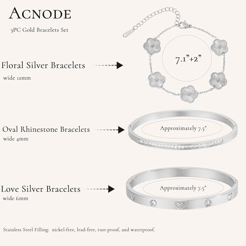 Gold Bangle Bracelets for Women -2PCS Friendship & Love Bangle Bracelet Clover Nail Bracelet Stack Set Trendy Non-Tarnish Stainless Steel Jewelry Gifts for Mom Wife Her - color: Silver 3pcs