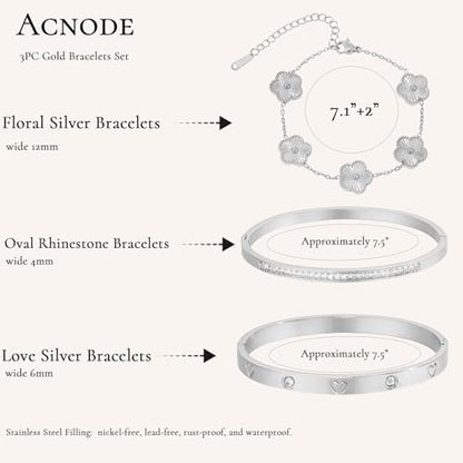Gold Bangle Bracelets for Women -2PCS Friendship & Love Bangle Bracelet Clover Nail Bracelet Stack Set Trendy Non-Tarnish Stainless Steel Jewelry Gifts for Mom Wife Her - color: Silver 3pcs