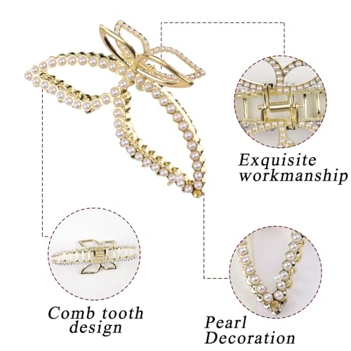 Butterfly Hair Clips Pearl Hair Claw Clip Large Spring Gold Butterfly Jaw Hair Clamps for Women Girls Non-slip Hair Barrettes Summer Hair Accessories for Thick or Thin Hair