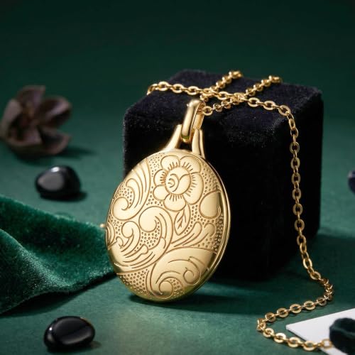 YOUFENG Love Heart Locket 14K Gold-Filled Oval Circle Rectangle Lockets that Hold Pictures Floral Patterns Necklace for Women - style: Gold Oval