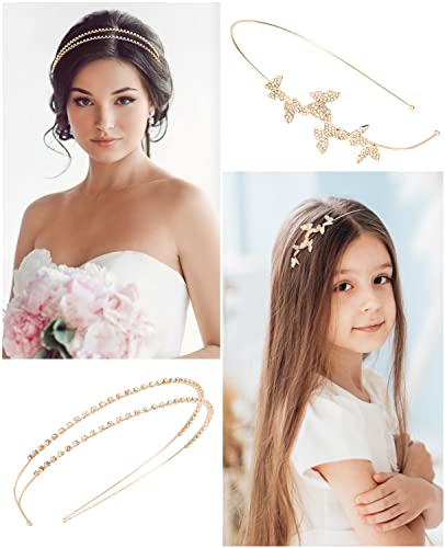 Wecoe 4 Pack AB Rhinestone Headbands Gold Metal Headbands Flower Girl Bridal Wedding Headband Crystal Headpieces Flower Leaf Butterfly Headband Formal Hair Accessories For Women Girls Gifts - color: Gold band & AB rhinestones