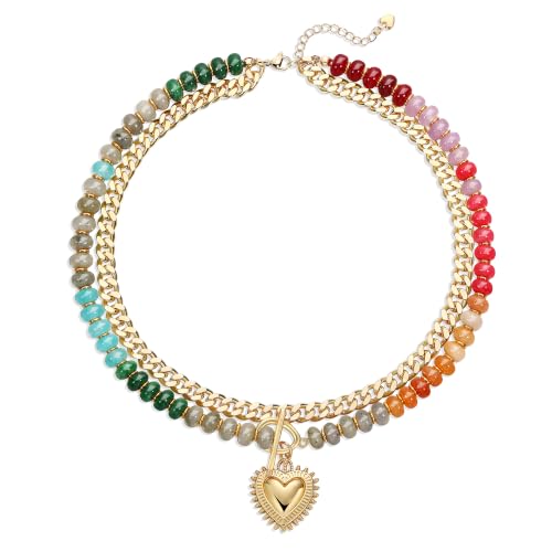 GINAZL Natural Stone Beaded Layered Necklaces for Women, 14K Gold Plated Heart Pendant,Chunky Colorful Beaded Choker Necklace, Trendy Summer Beach Necklace for Women Hypoallergenic Summer Beach Jewelry Gifts for Women - color: Green ＆ Red